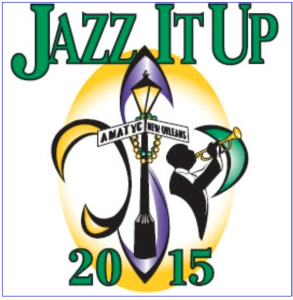 Jazz It Up AMATYC New Orleans 2015 logo, featuring a fleur de lis, light post, and trumpeter in Mardi Gras colors of yellow, purple, and green.