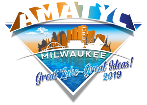AMATYC Milwaukee Great Lake - Great Ideas! 2019. Image depicts a city with a lake in the foreground.