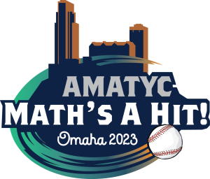 AMATYC Math's a hit! Omaha 2023. Buildings are above the words, and a baseball is at the end of a swirl with speed lines around the words.