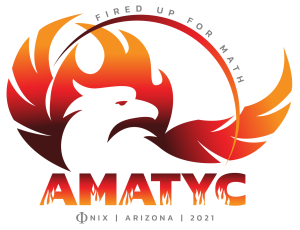 Fired up for math AMATIC Phoenix Arizona 2021. The Greek letter Phi replaces the first four letters of the city name. A pheonix is silhouetted in firy colors.