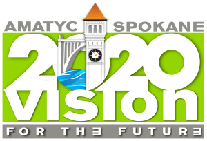 AMATYC Spokane 2020 Vision for the Future. A clock tower and bridge are in one of the zeros.